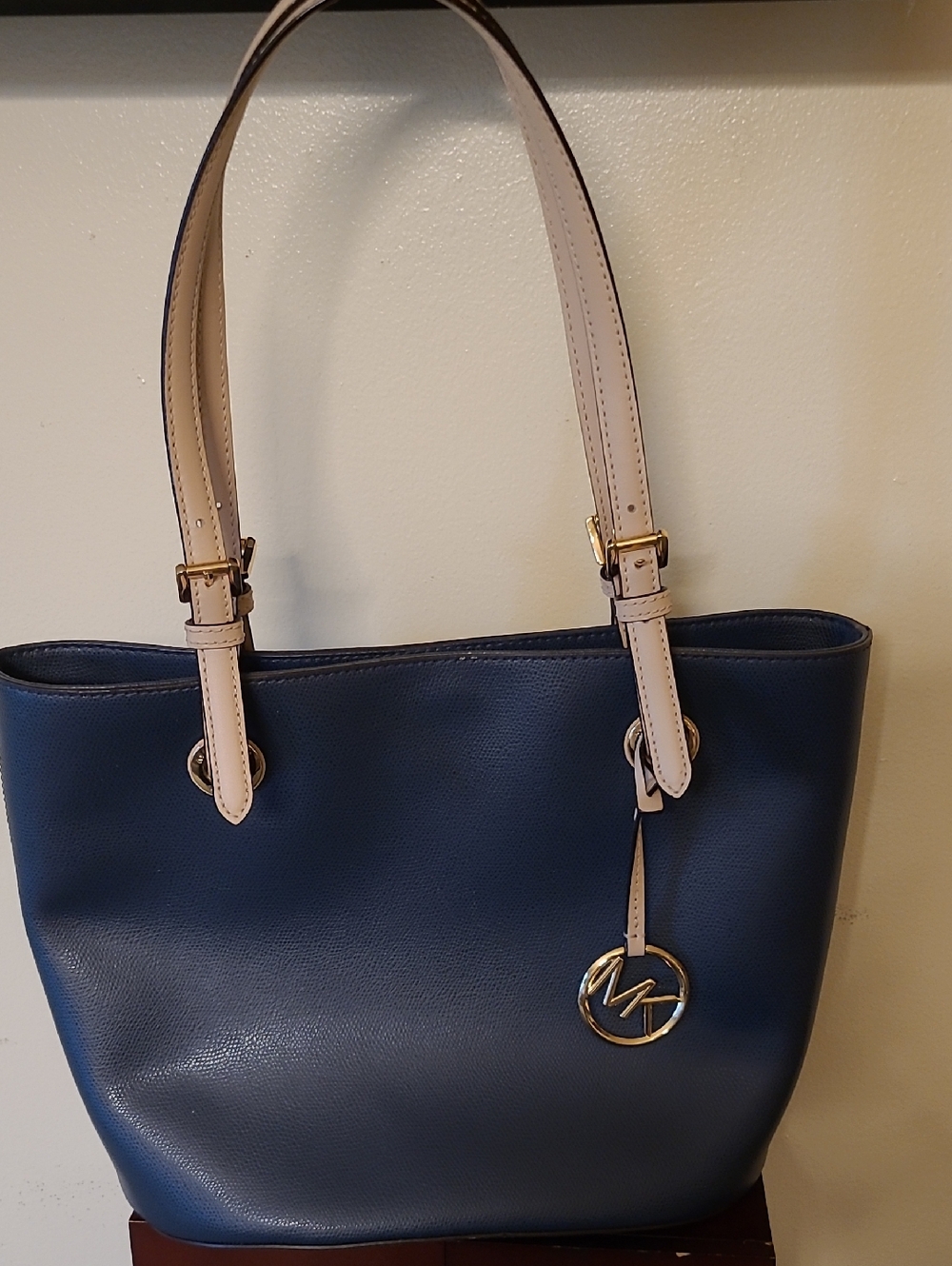 Michael Kors Navy Tote with Cream Straps and Gold Hardware